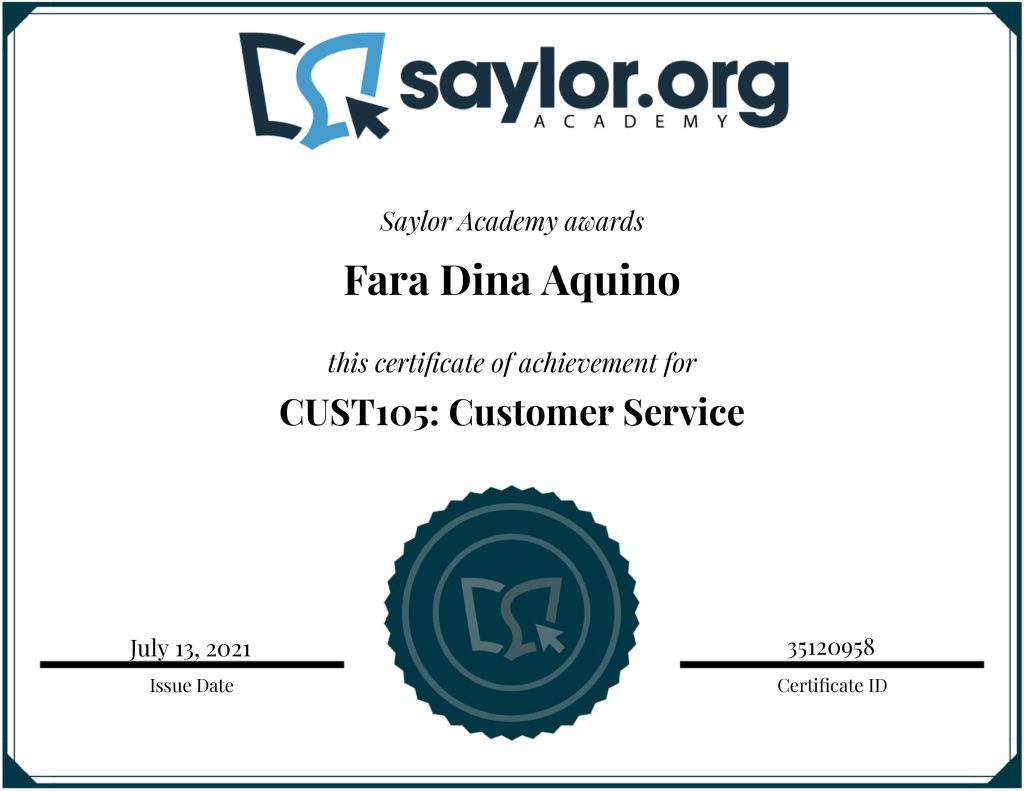 CUST105: Customer Service Certificate of Achievement